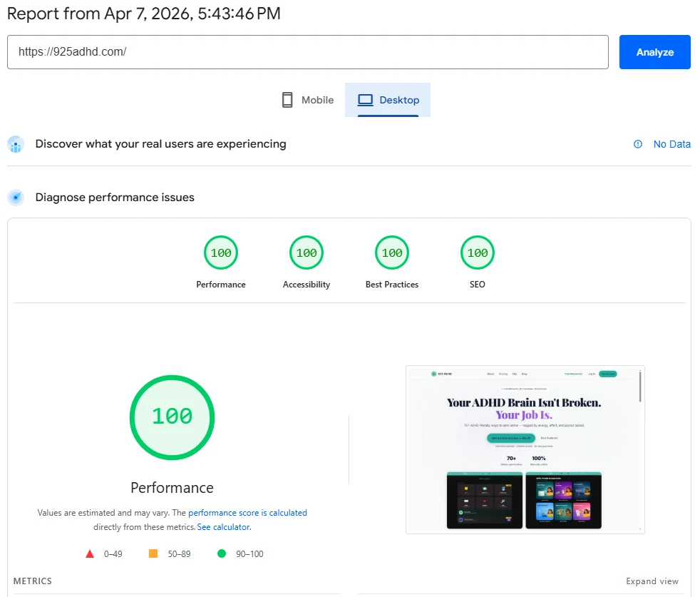925 ADHD Google PageSpeed desktop score — 100/100