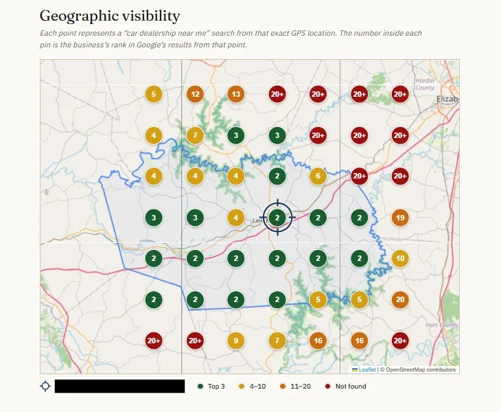 Sample free local SEO audit showing a Google rankings heatmap across a Kentucky service area