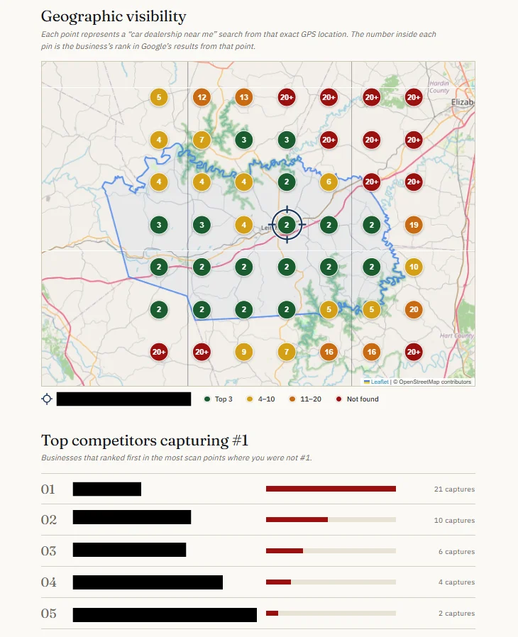 Sample free local SEO audit showing a Google rankings heatmap across a Kentucky service area