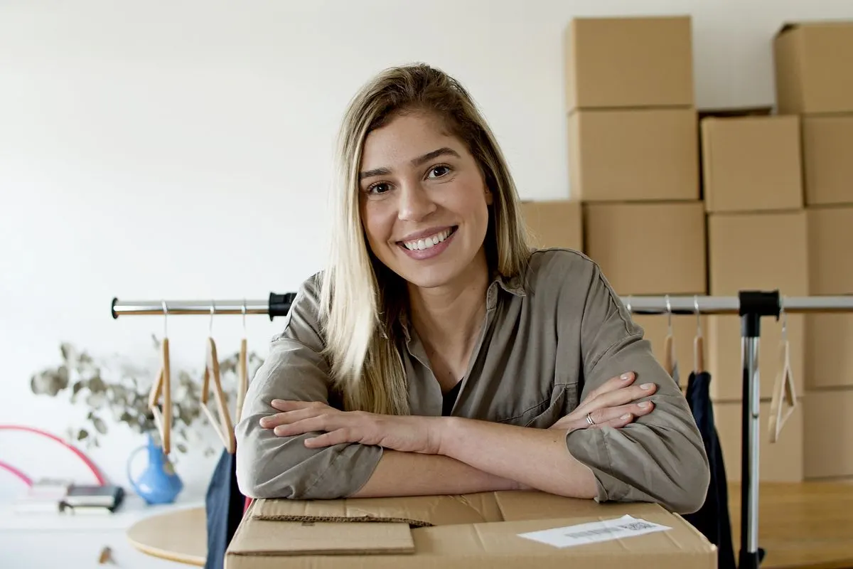 Smiling shop owner leaning on a shipping box in front of a clothing rack and stacked boxes