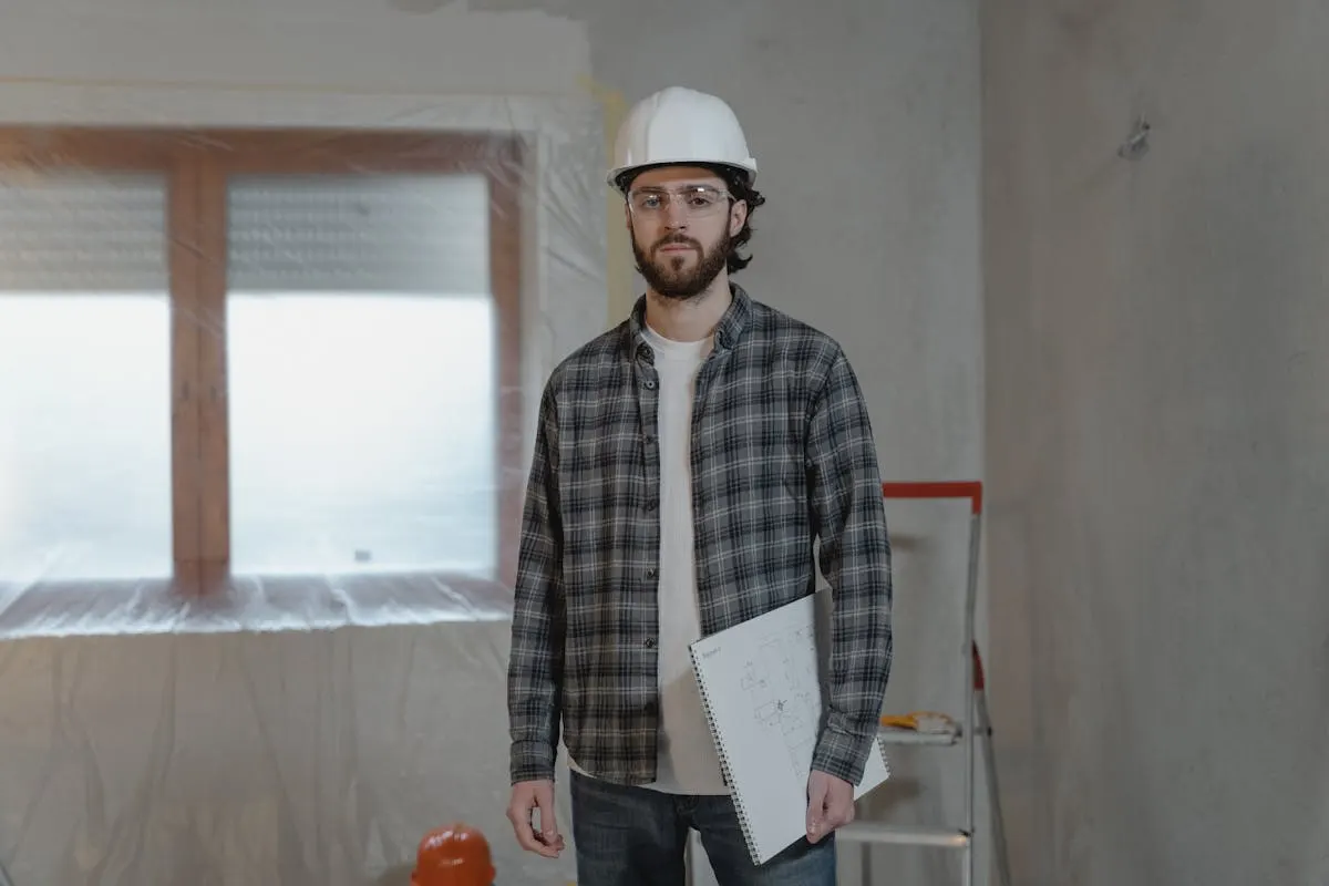Contractor reviewing building blueprints at a residential job site