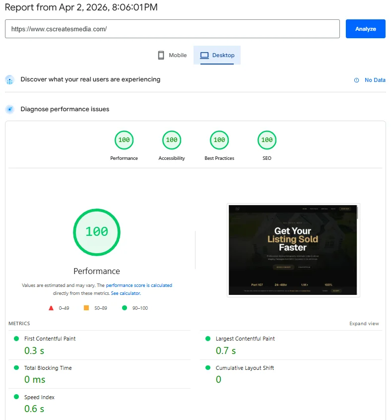 CS Media Google PageSpeed desktop score — 100/100