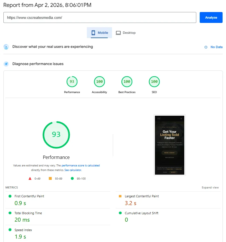 CS Media Google PageSpeed mobile score — 93/100