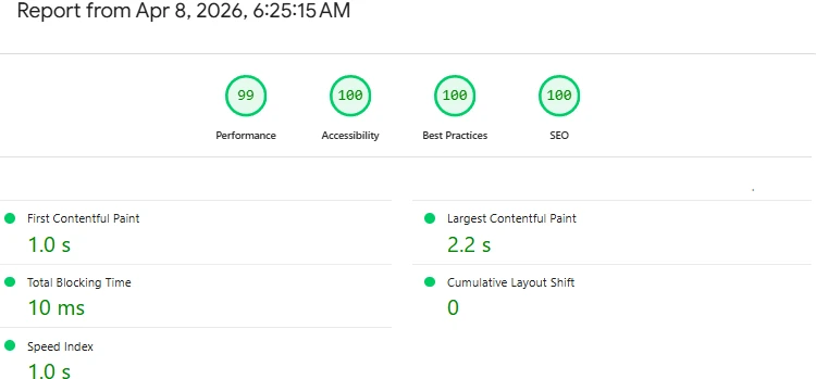 Google PageSpeed Insights mobile result for Studio 925: Performance 99, Accessibility 100, Best Practices 100, SEO 100. First Contentful Paint 1.0s, Largest Contentful Paint 2.2s, Total Blocking Time 10ms, Cumulative Layout Shift 0, Speed Index 1.0s.